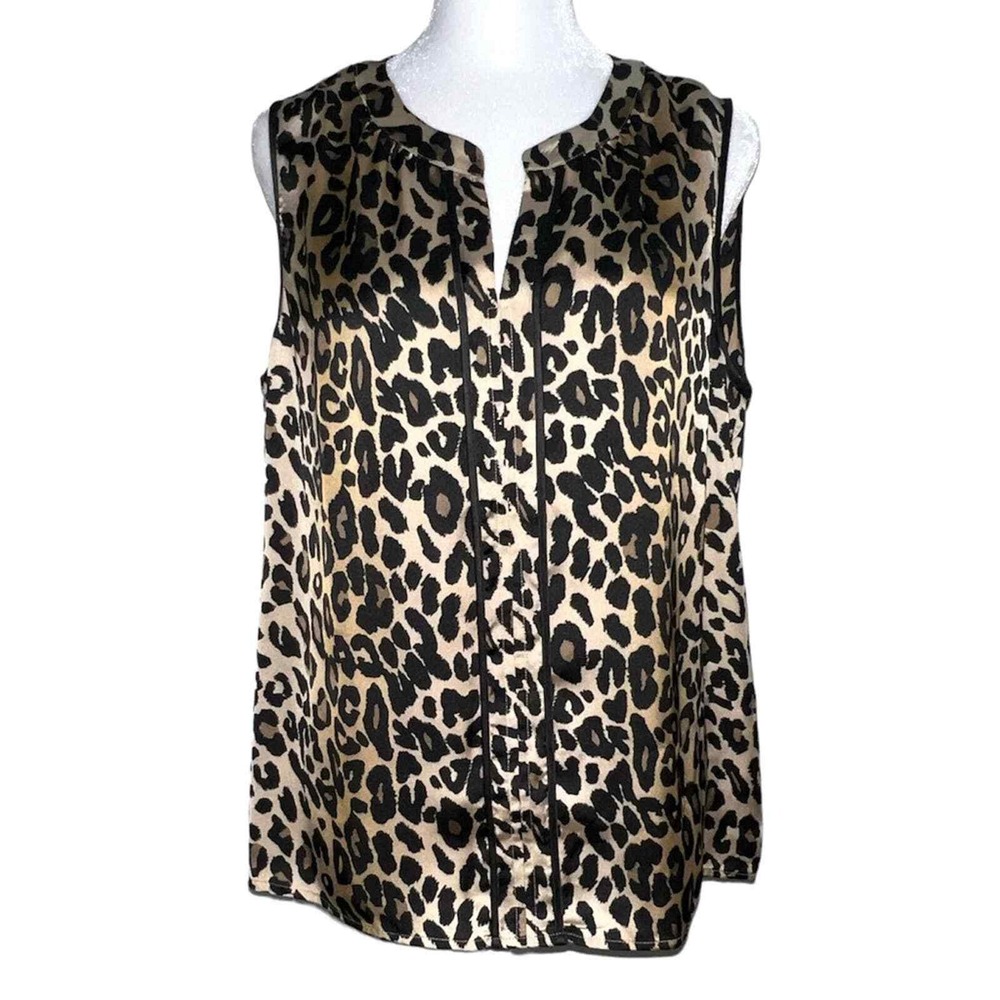 Tahari Blouse Women PM Tan Leopard Print Sleeveless Split Neck Satin Shell Top